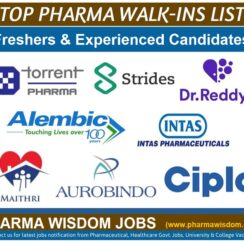 Cipla, Mankind, Zydus, Intas, Sun Pharma, Graviti, Glenmark, Amneal, Finecure, Strides – Walk-In Interviews List