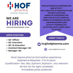 HOF Pharma Hiring For Officer to Manager