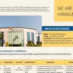 Amneal Pharma Walk-in Drive at Palli – Kadi Location for the Manufacturing Department Injectable | ITI, Bsc, Msc, M-Pharm, B-Pharm, D-Pharma Job Openings 2025