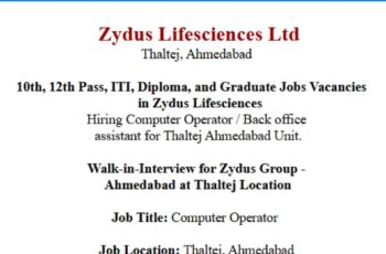 10th, 12th Pass, ITI, Diploma, and Graduate Jobs Vacancies in Zydus Group | Walk-in Interview For Computer Operators