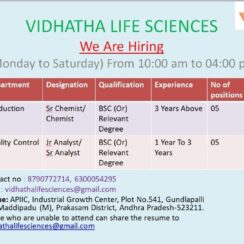 🚀 Vidhatha Life Sciences Hiring – Production & QC Jobs 2025