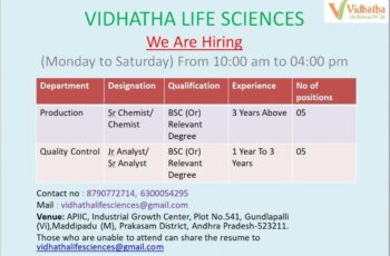 🚀 Vidhatha Life Sciences Hiring – Production & QC Jobs 2025