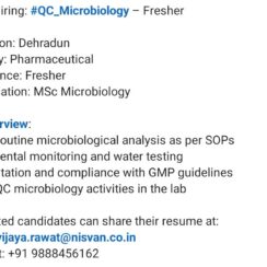 QC Microbiology Fresher Jobs | Pharma Company | Dehradun