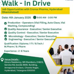 Cronus Pharma Walk-In Drive 2026 | Production, QA, QC, Microbiology & Engineering Jobs – Hyderabad