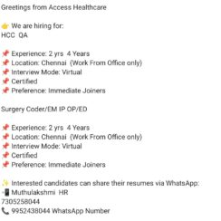 Chennai Medical Coding Openings | HCC QA & Surgery Coder