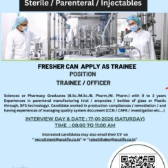 Freshers Can Apply: Walk-In for Trainee/Officer – Sterile Pharma Production – 17 Jan 2026 Freshers Can Apply: Walk-In for Trainee/Officer – Sterile Pharma Production – 17 Jan 2026
