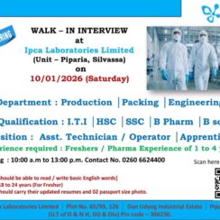 Walk-in Interview at Ipca Laboratories Ltd., Silvassa | Production, Packing & Engineering Roles