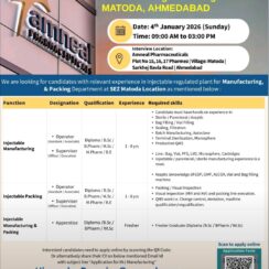 Urgent Hiring for Injectable Manufacturing& Packing | Walk-in Drive, Ahmedabad, 4th January 2026