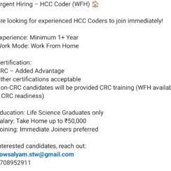 HCC Coder WFH Opportunity | Urgent Hiring | Salary up to ₹50,000