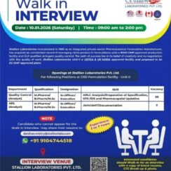 Walk-in Interview at Stallion Laboratories for QC & ADL Analysts (USFDA OSD Facility, 3-7 Yrs Exp, Ahmedabad)