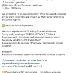 Clinical Evaluation Report (CER) Writer – Medical Devices, Hyderabad Clinical Evaluation Report (CER) Writer – Medical Devices, Hyderabad