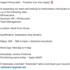 Work From Home HR Jobs for Freshers – HR Executive, Recruiter, Team Management Work From Home HR Jobs for Freshers – HR Executive, Recruiter, Team Management