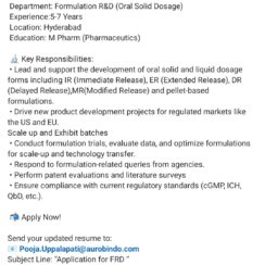 OSD Formulation Development Role – Aurobindo Pharma Hiring (Hyderabad) OSD Formulation Development Role – Aurobindo Pharma Hiring (Hyderabad)
