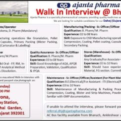 Ajanta Pharma Bharuch Walk In Interview 2026 – Manufacturing, QA, QC, Stores, Maintenance Jobs Ajanta Pharma Bharuch Walk In Interview 2026 – Manufacturing, QA, QC, Stores, Maintenance Jobs