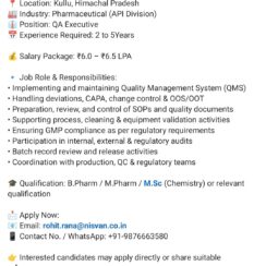 QA Executive – GMP, Validation, QMS | API Pharma Industry | Kullu QA Executive – GMP, Validation, QMS | API Pharma Industry | Kullu