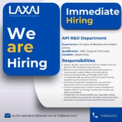 Laxai Lifesciences Hiring: API R&D Scientist – Organic Chemistry | Jeedimetla Laxai Lifesciences Hiring: API R&D Scientist – Organic Chemistry | Jeedimetla