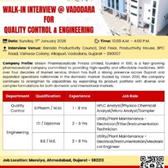 Walk-In Interview @ Vadodara | QC & Engineering Jobs | Unison Pharmaceuticals Walk-In Interview @ Vadodara | QC & Engineering Jobs | Unison Pharmaceuticals