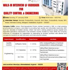 Urgent Hiring: Quality Control & Engineering Roles | Walk-In on 11 Jan 2026, Vadodara Urgent Hiring: Quality Control & Engineering Roles | Walk-In on 11 Jan 2026, Vadodara