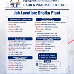 Cadila Pharma Walk-In: M.Sc / M.Pharm Jobs in R&D, Formulation & Vaccine Manufacturing Cadila Pharma Walk-In: M.Sc / M.Pharm Jobs in R&D, Formulation & Vaccine Manufacturing