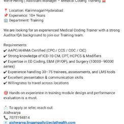 Medical Coding Trainer Job – Assistant Manager | AAPC/AHIMA Certified (CPC, CCS) | Hyderabad