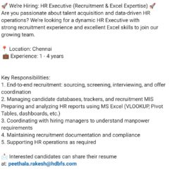 Hiring HR Executive: Talent Acquisition & MIS Reporting | Excel Skills Required | Chennai