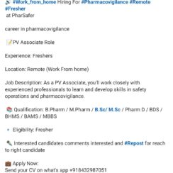 Remote Work from Home: Fresher Pharmacovigilance (PV) Associate Hiring – PharSafer