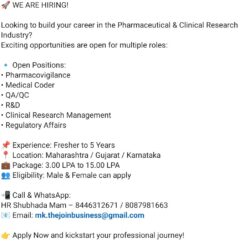 Pharma Industry Jobs: QA/QC, R&D, Medical Coding & Pharmacovigilance Roles | Immediate Hiring