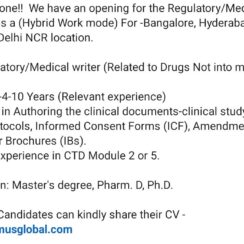 Hiring Regulatory Writer for Clinical Documents (CSR, Protocol, ICF, IB) – Hybrid Role