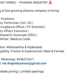 Freshers Welcome: Pharma Industry Careers in QA, QC & Medical Coding