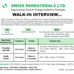 Walk-in Interview at Swiss Parenterals Ltd., Ahmedabad | Officer to Sr. Executive Roles in Production & QC | 18th Jan 2026