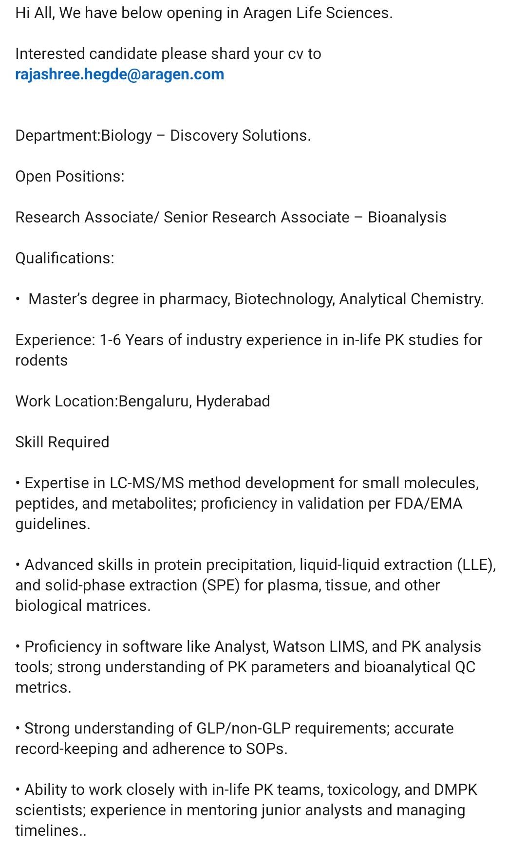 Bioanalysis Job Opening: RA/SRA with LC-MS/MS Expertise | 1-6 Years ...