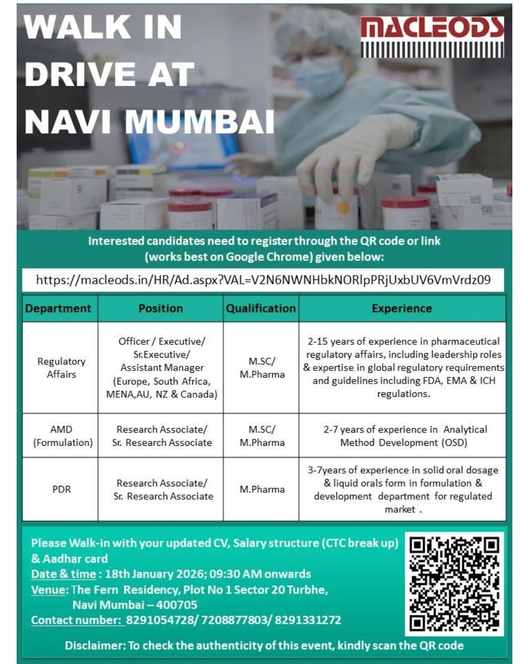 Walk in Drive at Navi Mumbai 2026 | Macleods Pharma Jobs for Regulatory ...
