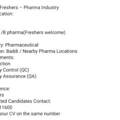 Pharma Freshers Hiring in Baddi: B.Sc / M.Sc / B.Pharma for Production, QC, QA