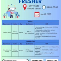 Fresher Walk-in Interviews in Daman: B.Pharm, M.Sc, ITI, Diploma | USV Pharma Jobs – 18 Jan 2026