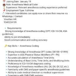 Hiring Anesthesia Coders in Chennai – Immediate Start – CPT & ICD-10 Expertise Required