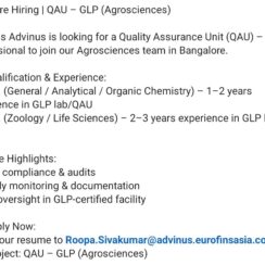 QA Unit (QAU) – GLP Careers at Eurofins Advinus | Agrosciences Team, Bangalore