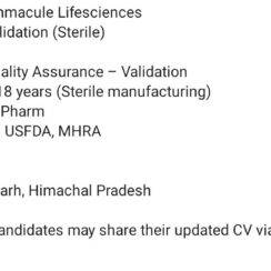 QA Validation Officer – Sterile Manufacturing | Immaculate Lifesciences, Nalagarh