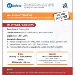 Walk-In Interview for Sr. Officer/Executive – Engineering | IndoCo Remedies Limited, Baddi (HP) Walk-In Interview for Sr. Officer/Executive – Engineering | IndoCo Remedies Limited, Baddi (HP)