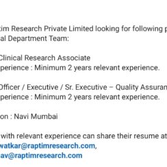 Hiring Clinical Research Associate & QA Executive in Navi Mumbai – Apply Now Hiring Clinical Research Associate & QA Executive in Navi Mumbai – Apply Now