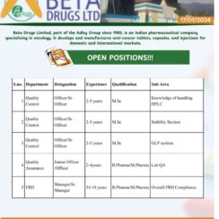 Quality Control & Quality Assurance Jobs in Baddi – Beta Drugs (Oncology Specialists) Hiring Quality Control & Quality Assurance Jobs in Baddi – Beta Drugs (Oncology Specialists) Hiring