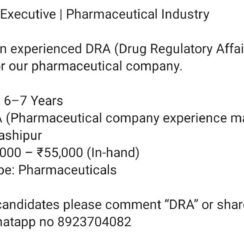 DRA Executive Position at Pharma Company – Kashipur, Salary ₹50,000 – ₹55,000 DRA Executive Position at Pharma Company – Kashipur, Salary ₹50,000 – ₹55,000