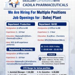Walk-In Interview at Cadila Ankleshwar: Jr Officer to AM Roles (Production, Engineering, QA/QC) Walk-In Interview at Cadila Ankleshwar: Jr Officer to AM Roles (Production, Engineering, QA/QC)