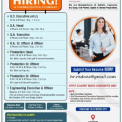 Walk-In Interview for Pharma Jobs in Ahmedabad: QC (HPLC), QA, Production & Engineering Roles Walk-In Interview for Pharma Jobs in Ahmedabad: QC (HPLC), QA, Production & Engineering Roles