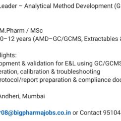 Team Leader – Analytical Method Development (GC/GCMS, E&L) Job in Mumbai Team Leader – Analytical Method Development (GC/GCMS, E&L) Job in Mumbai