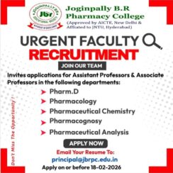 Urgent Pharmacy Faculty Recruitment 2026 – Assistant & Associate Professor Jobs at Joginpally B.R Pharmacy College, Hyderabad