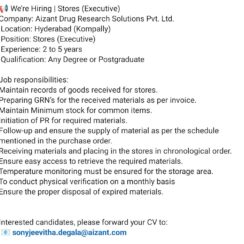Stores Executive Job in Hyderabad – Aizant Drug Research Solutions