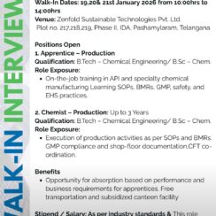 Walk-In for B.Tech Chemical / B.Sc Chemistry – Production Roles | Pashamylaram, Telangana