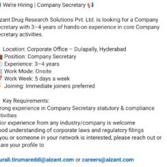 Company Secretary Opening at Aizant – Dulapally, Hyderabad | Apply Now