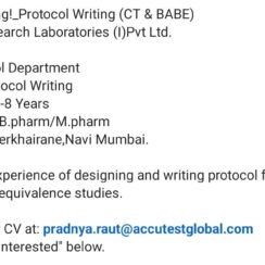 Protocol Writer Job in Navi Mumbai – Clinical Trials & Bioequivalence (4-8 Years Exp)