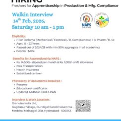 Granules India Apprenticeship Walkin 2026 | Production & Mfg Compliance | Hyderabad | Male Freshers (2024/25)